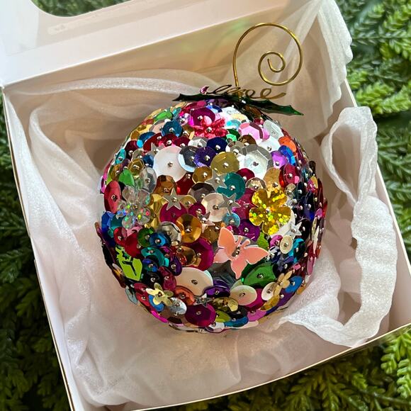 Sequin Ball Christmas Ornament Multicolored Colorful Butterflies Flowers - Picture 1 of 12